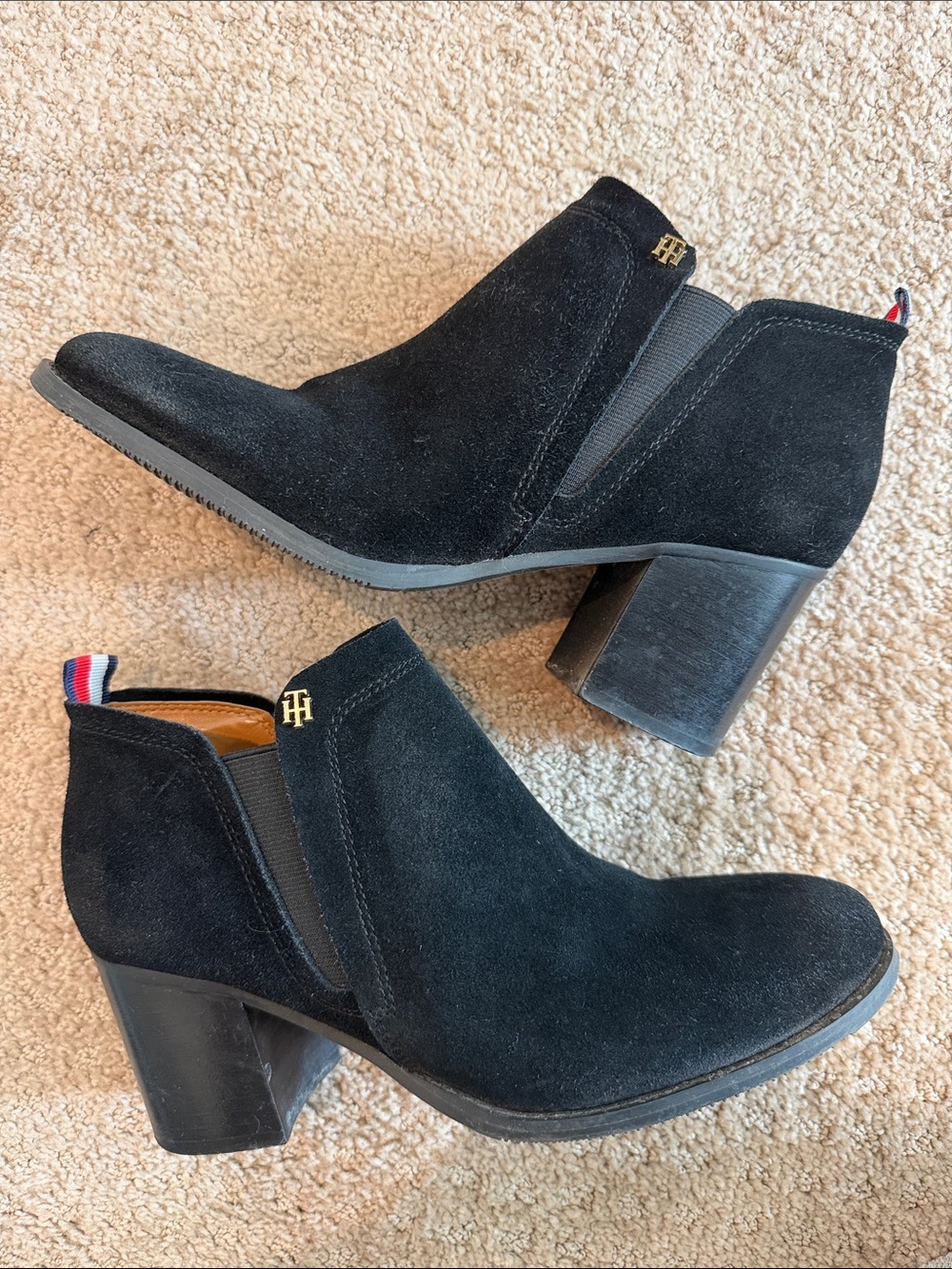 Tommy Hilfiger Black Suede Cutout Heel Ankle Booties with Flag Tab